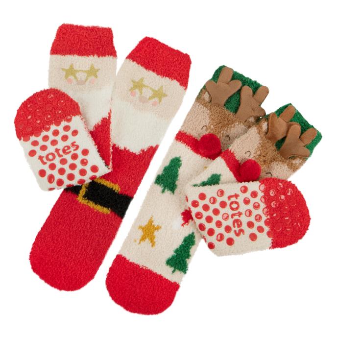 totes toasties® Childrens Super Soft Slipper Socks (Twin Pack) Reindeer / Santa Extra Image 2